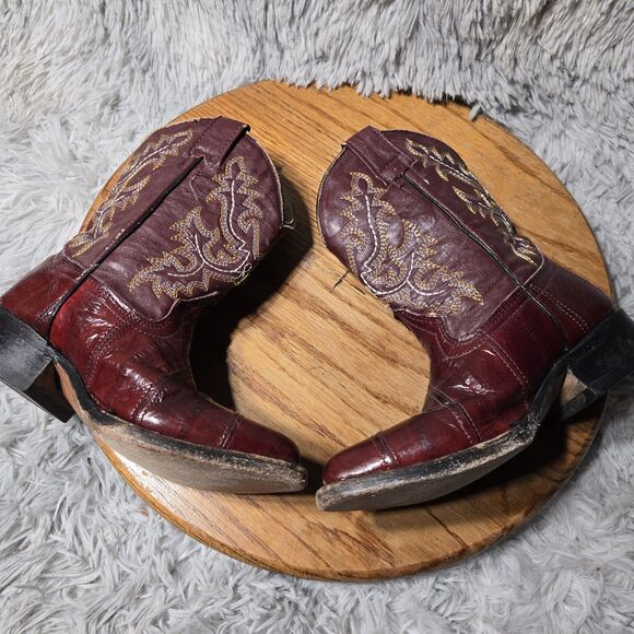 Western Kids Size 19.5 Or US 1 Burgundy Leather  Embroidered Cowboy Pointed toe - Picture 4 of 10
